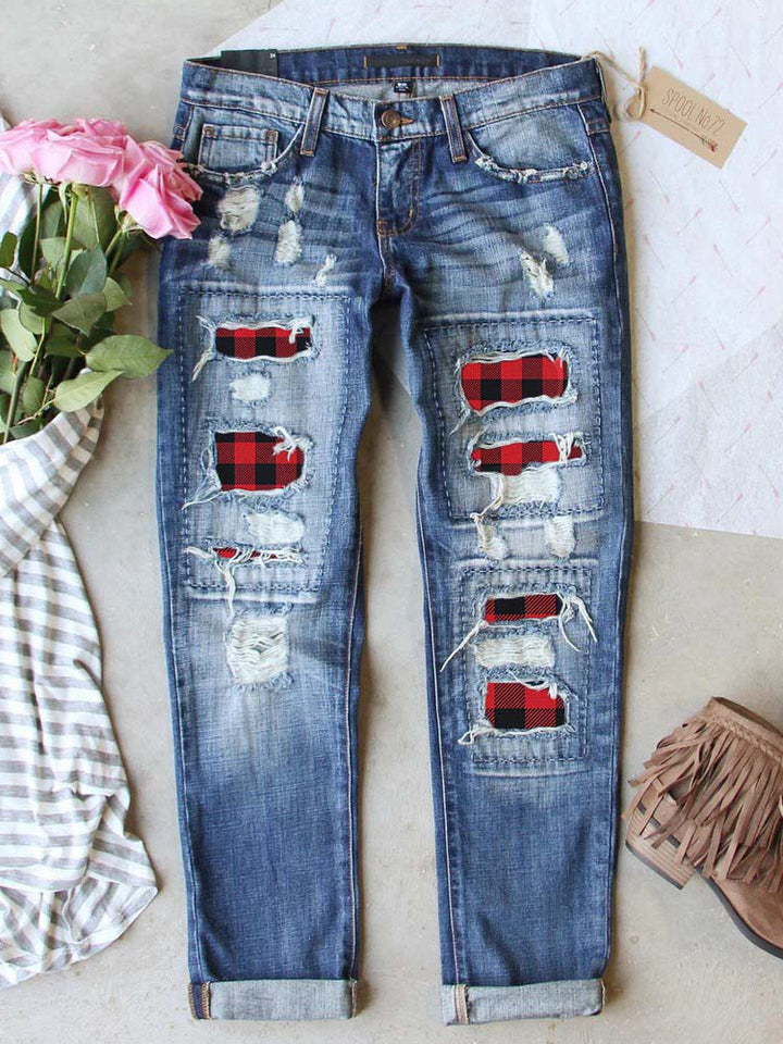Ladies Ripped Plaid Ladies Jeans