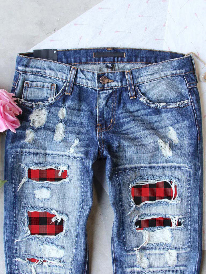 Ladies Ripped Plaid Ladies Jeans