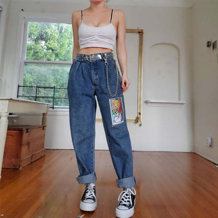 Women's loose printed blue jeans
