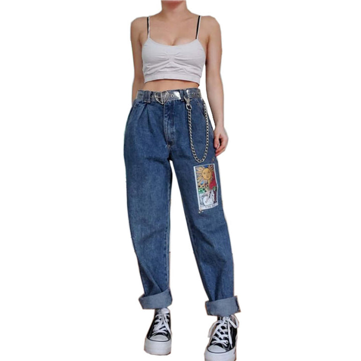 Women's loose printed blue jeans