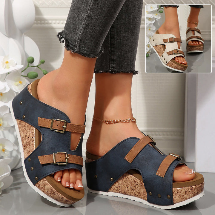 Ins Buckle Wedges Sandals Summer Fish Mouth Thick High Heel Slides Slippers Outdoor Fashion Beach Roman For Women