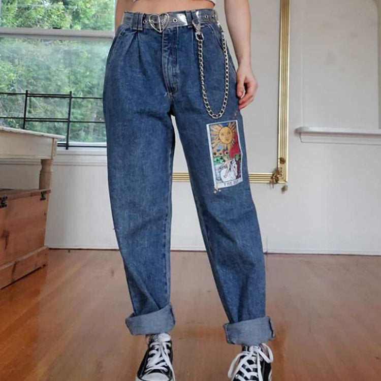 Women's loose printed blue jeans