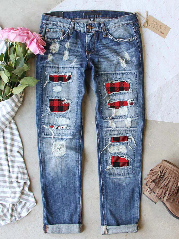Ladies Ripped Plaid Ladies Jeans