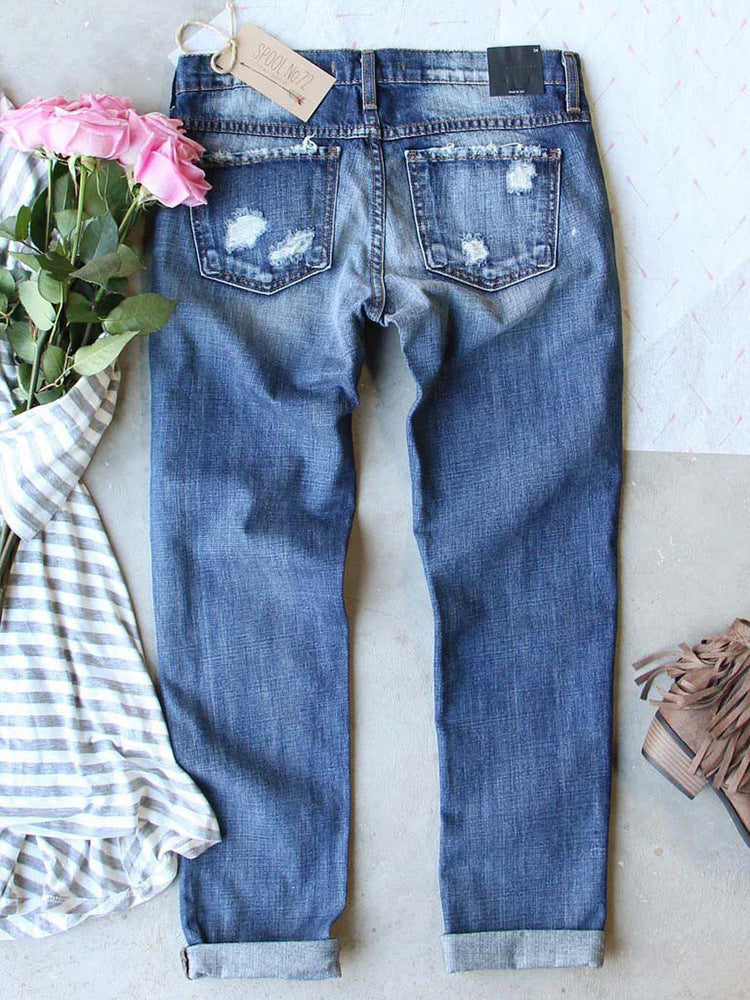 Ladies Ripped Plaid Ladies Jeans