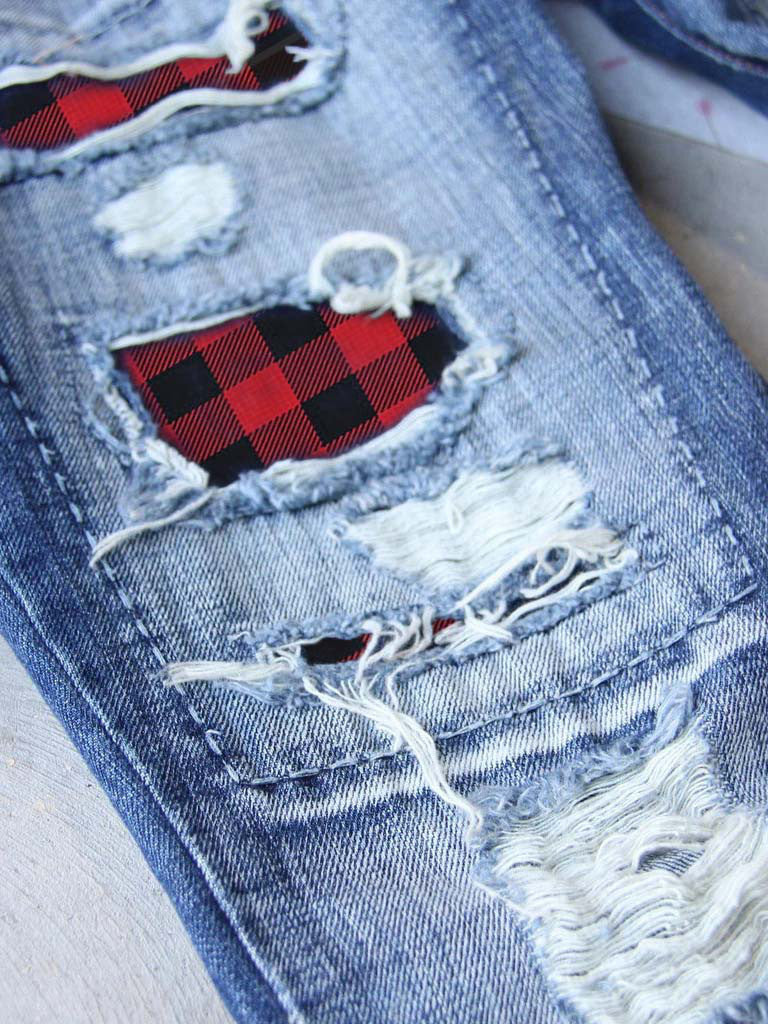 Ladies Ripped Plaid Ladies Jeans