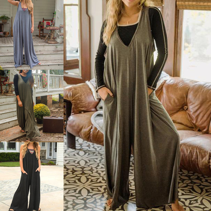 New Knitted Casual Loose Solid Color Vest Wide-Leg Jumpsuit