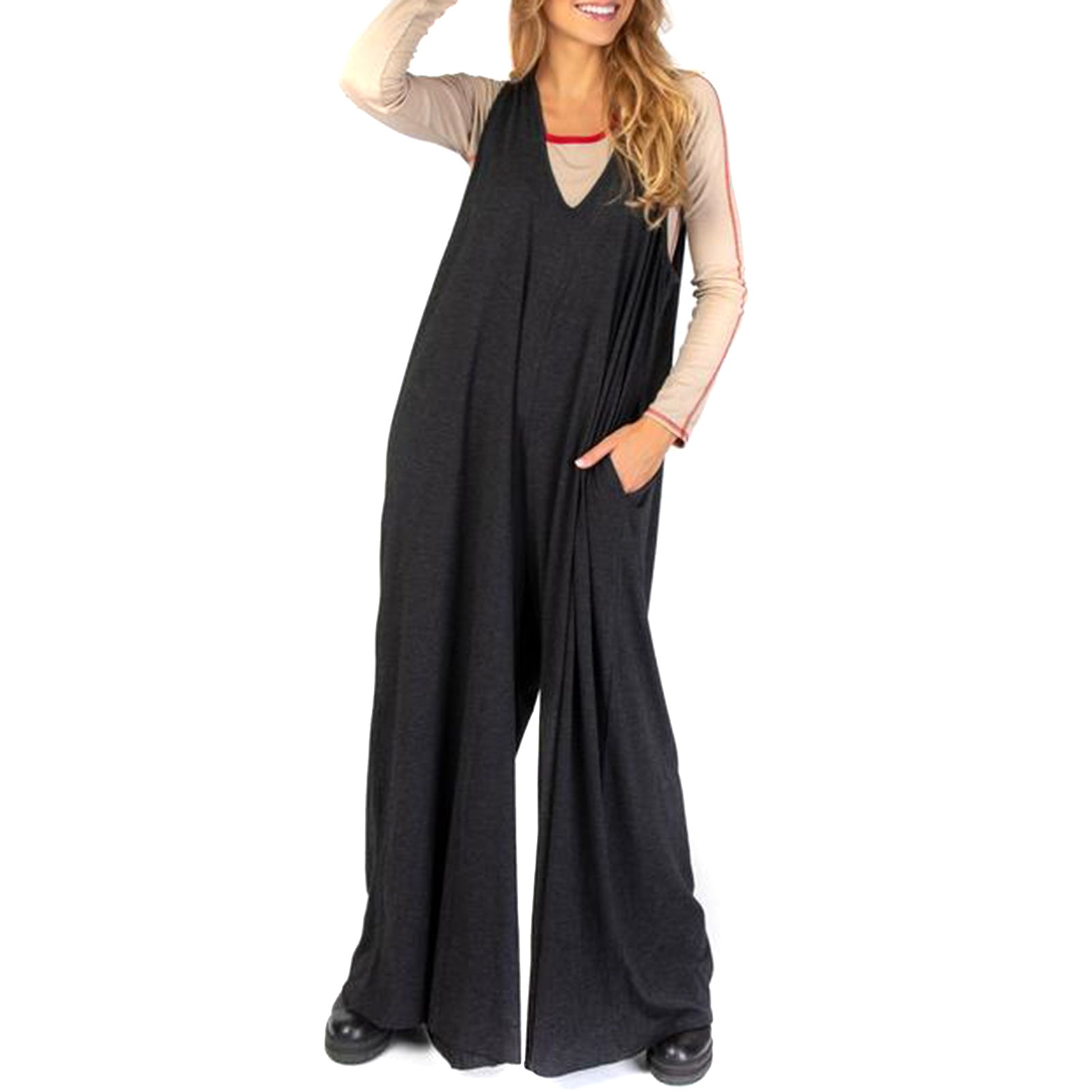New Knitted Casual Loose Solid Color Vest Wide-Leg Jumpsuit