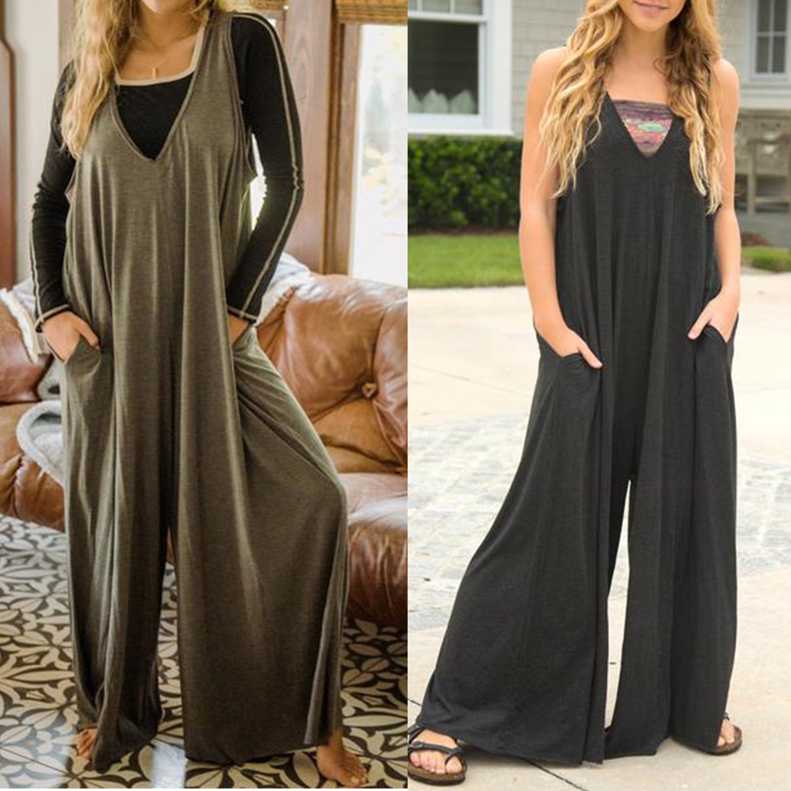 New Knitted Casual Loose Solid Color Vest Wide-Leg Jumpsuit