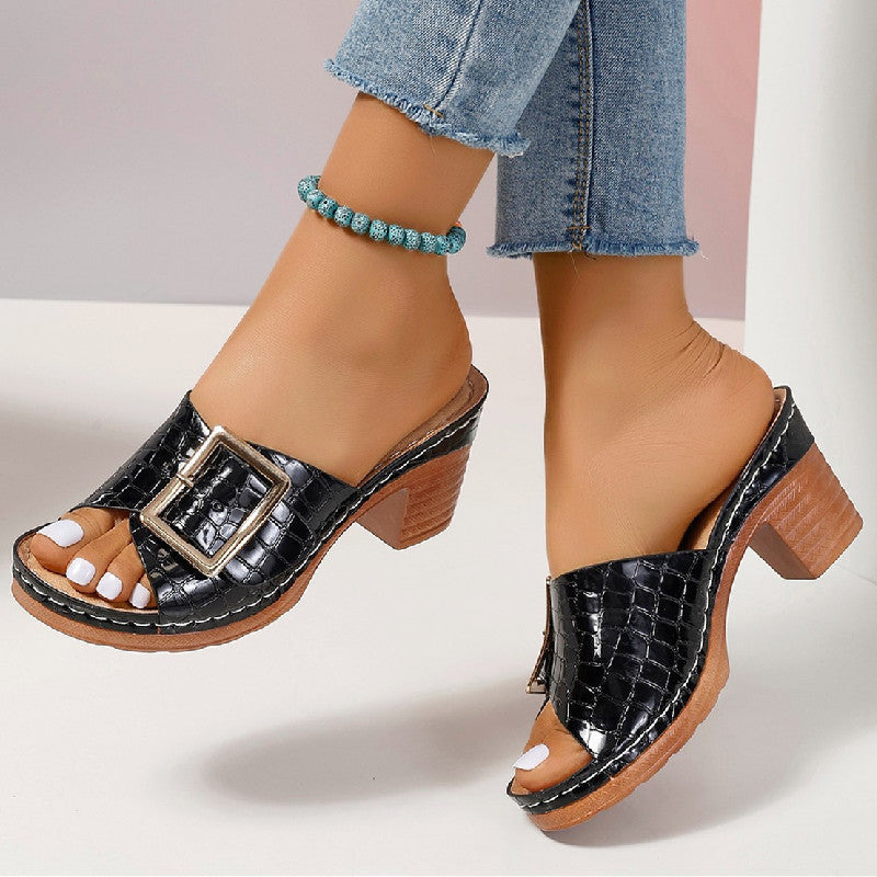 Fashion Crocodile-textured Buckle Sandals Square Chunky Heel Peep-toe Slides Slippers