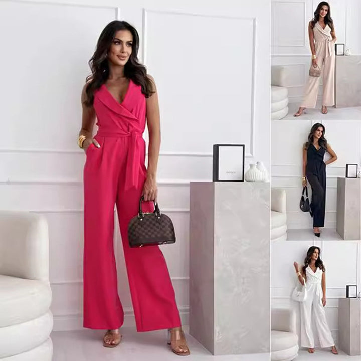 V-neck Sleeveless Jumpsuit With Belt Design Summer Fashion Women's Clothing
