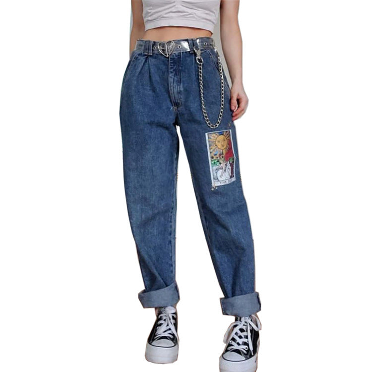 Women's loose printed blue jeans