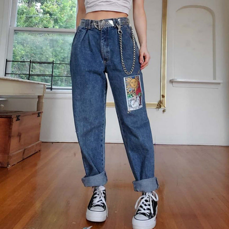 Women's loose printed blue jeans