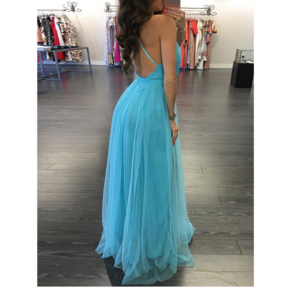 Women Explosion Style Mesh Sling Long Dress