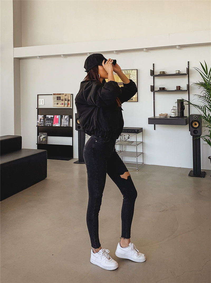 Raw-edge ripped high-waisted jeans