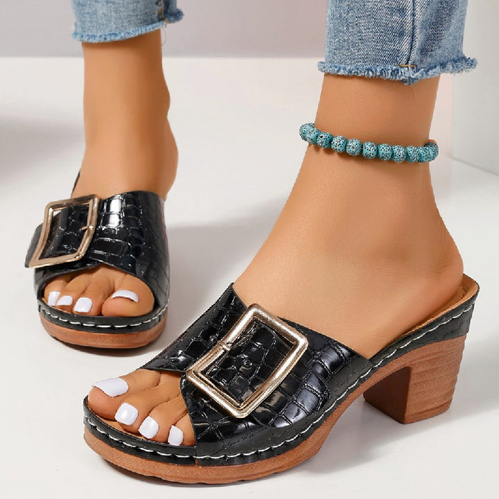 Fashion Crocodile-textured Buckle Sandals Square Chunky Heel Peep-toe Slides Slippers