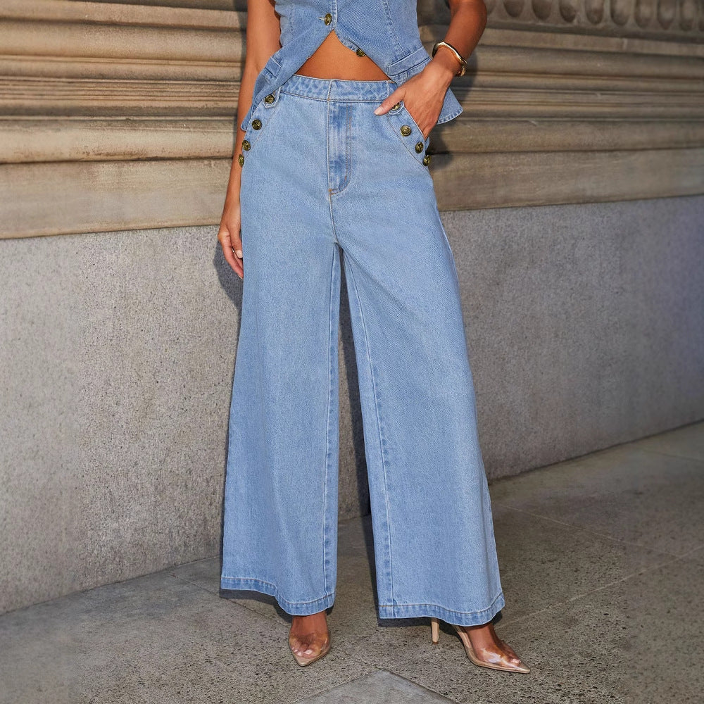 Denim Vest Suits Fashion Sleeveless Button Tops And Wide Leg Straight Pants With Pockets Women's Set