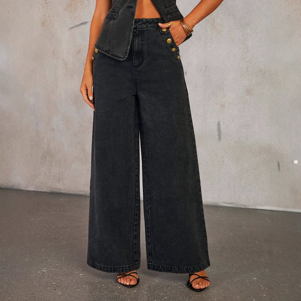 Denim Vest Suits Fashion Sleeveless Button Tops And Wide Leg Straight Pants With Pockets Women's Set