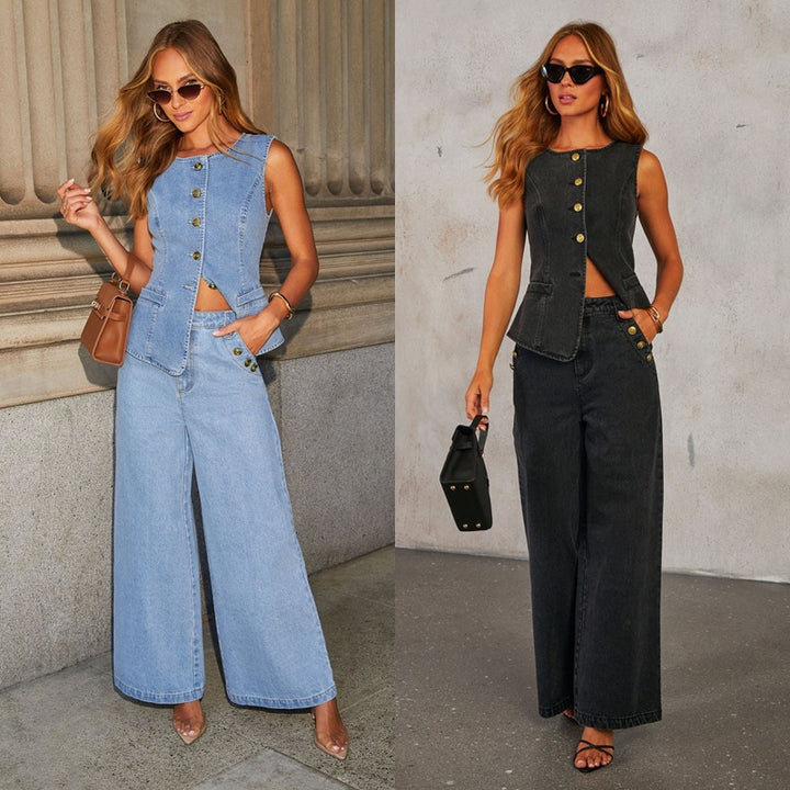 Denim Vest Suits Fashion Sleeveless Button Tops And Wide Leg Straight Pants With Pockets Women's Set