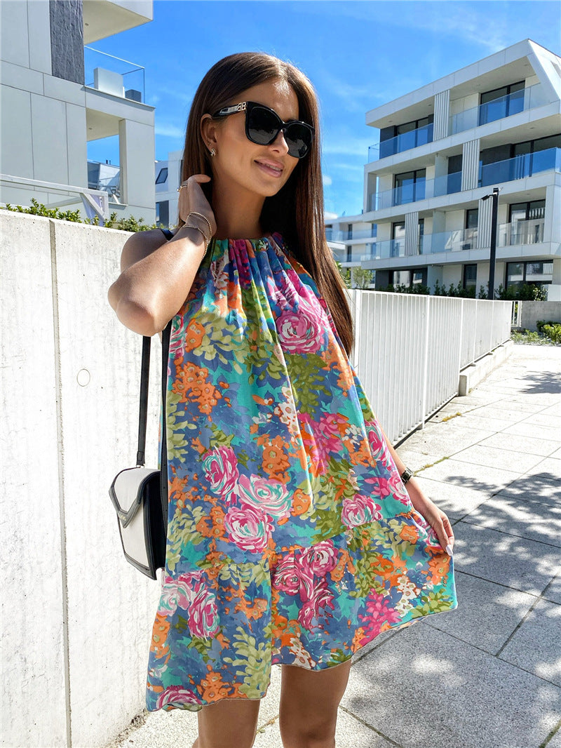 Summer New Bohemian Print Halterneck Dress