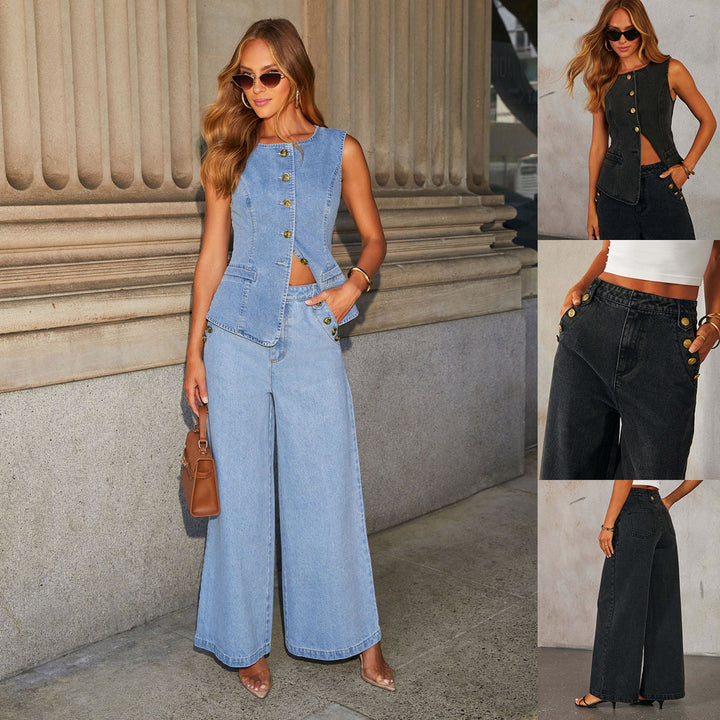 Denim Vest Suits Fashion Sleeveless Button Tops And Wide Leg Straight Pants With Pockets Women's Set