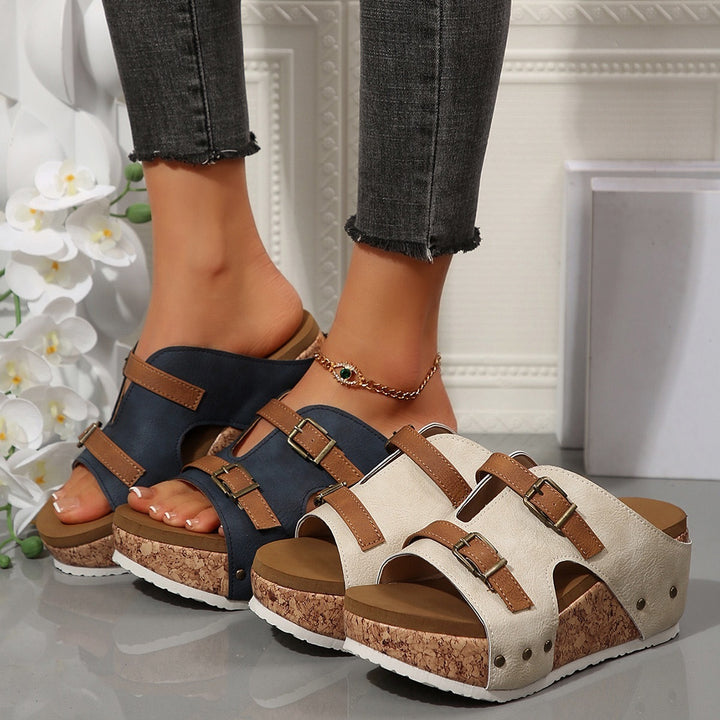 Ins Buckle Wedges Sandals Summer Fish Mouth Thick High Heel Slides Slippers Outdoor Fashion Beach Roman For Women