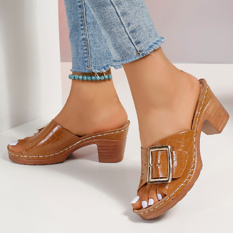 Fashion Crocodile-textured Buckle Sandals Square Chunky Heel Peep-toe Slides Slippers