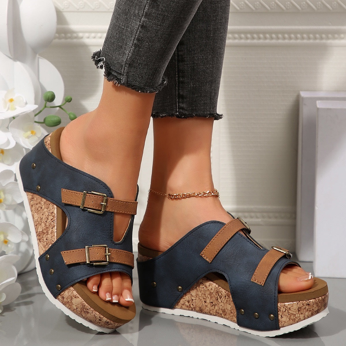 Ins Buckle Wedges Sandals Summer Fish Mouth Thick High Heel Slides Slippers Outdoor Fashion Beach Roman For Women
