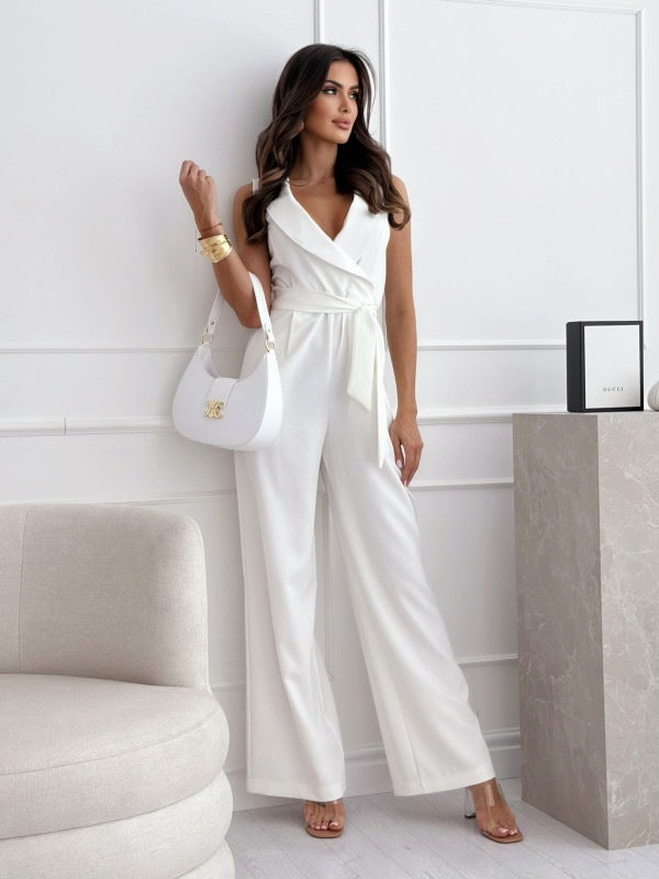 V-neck Sleeveless Jumpsuit With Belt Design Summer Fashion Women's Clothing